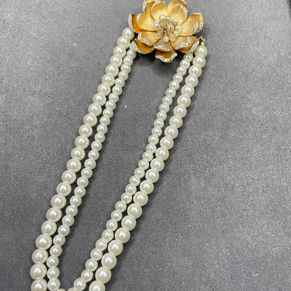 Vintage Vendome Double Strand Pearl Necklace | Gold Tone Floral Clasp | 20”
